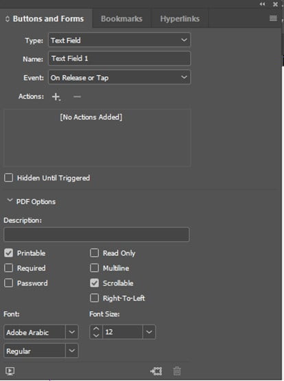 InDesign Buttons and Forms Panel Text Field