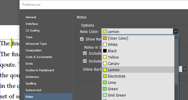 InDesign Preferences Notes Colors